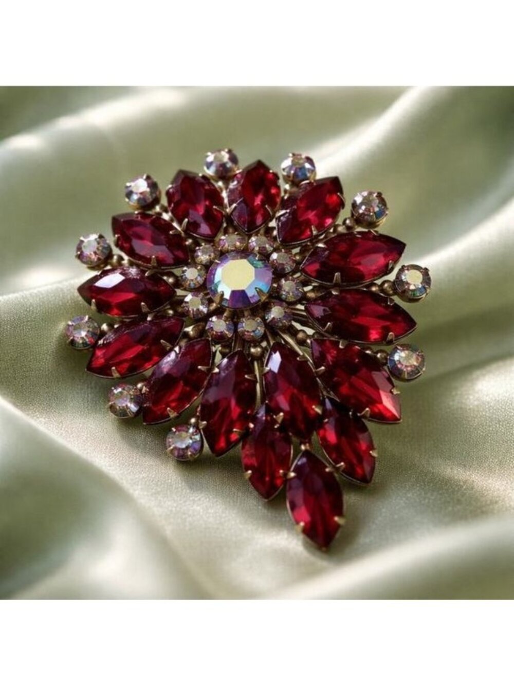 Red Rhinestone Flower Brooch Crystal Statement Gold-Tone Base Jewelry Vintage